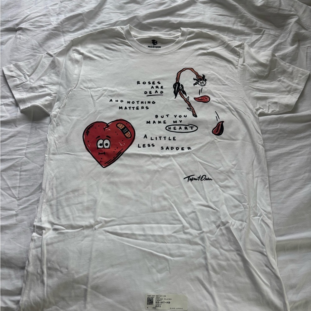 White Graphic Tee with Heart and Rose Design Takeout Order
